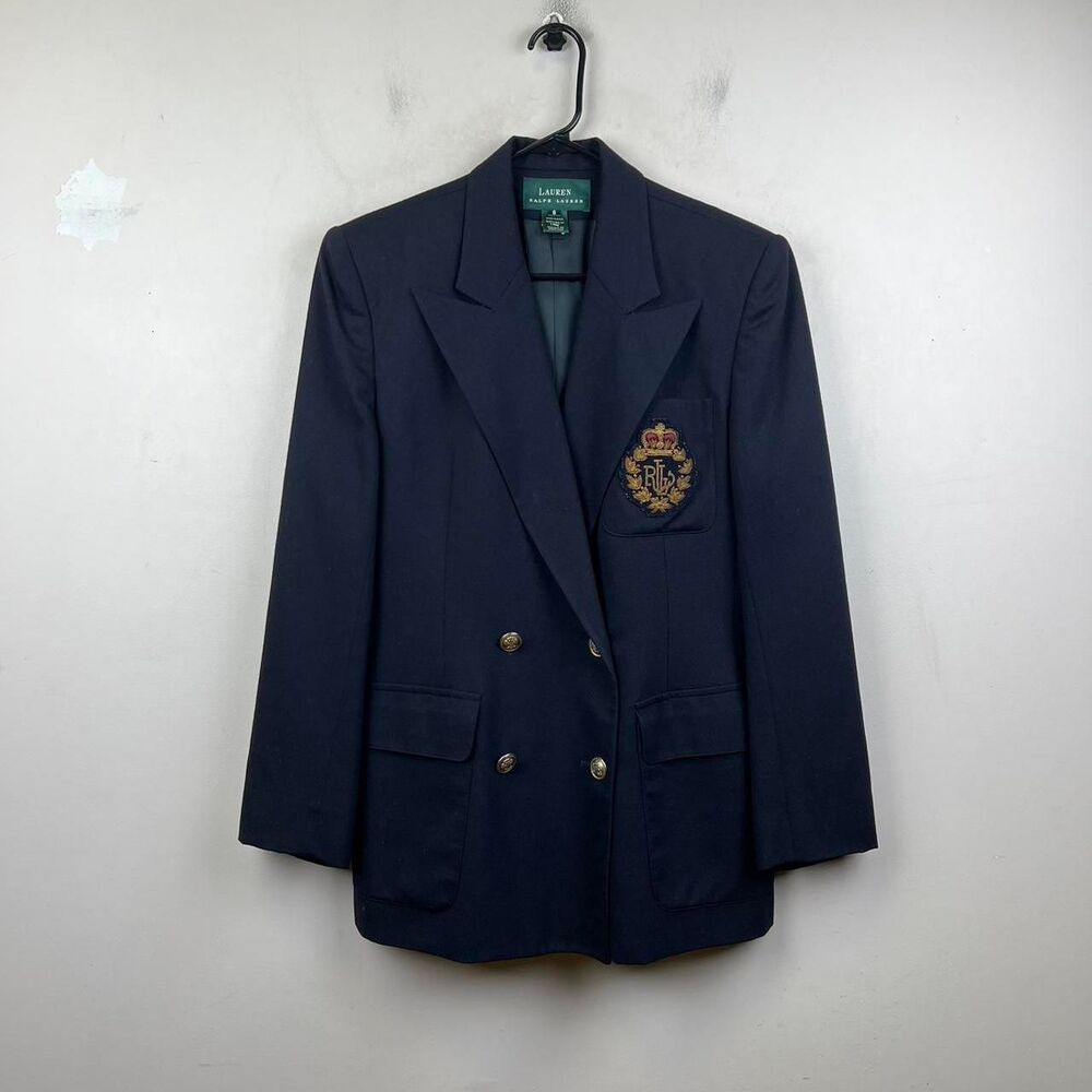 Vintage Lauren Ralph Lauren Double-Breasted Navy Blue Wool Blazer Size 8